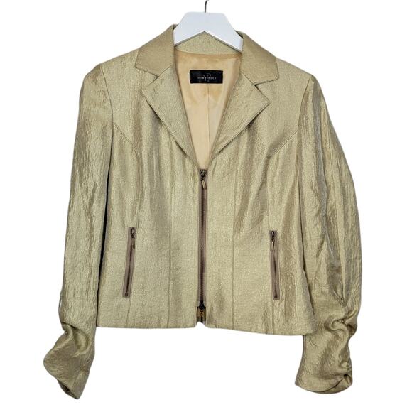 Morrissey Y? Gold Metallic Zip Front Blazer Gathered Cuffs - Size Small S - Picture 3 of 7